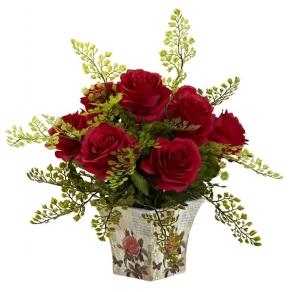 Dare2Decor Rose & Maiden Hair With Floral Planter - Red DA403678 - main